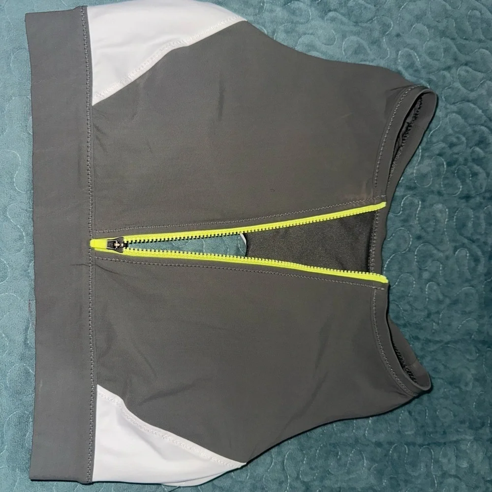 Athleta Gray and White Zip-Front Sports Bra